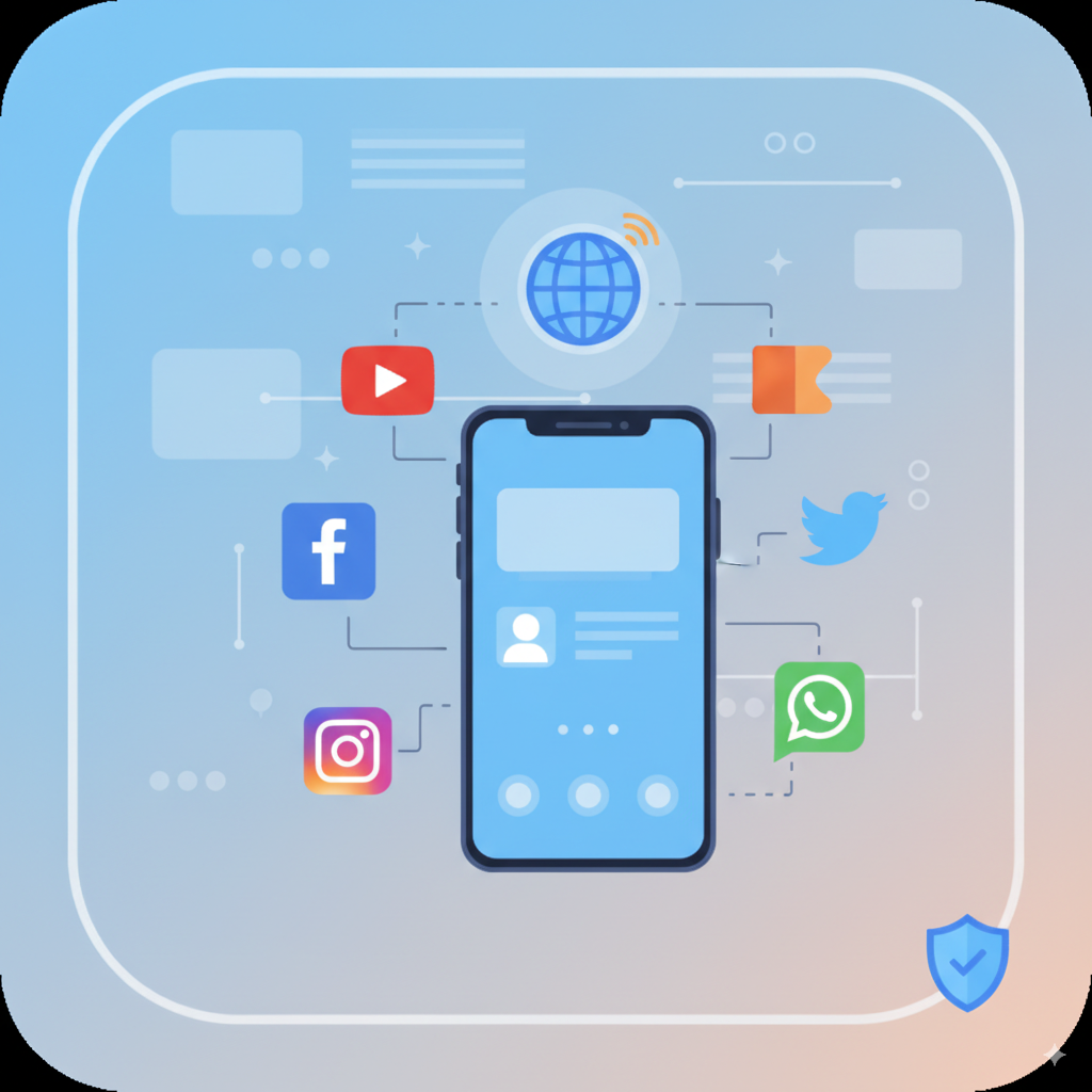 Ícones de redes sociais flutuando ao redor de um smartphone, representando a gestão de mídias sociais.